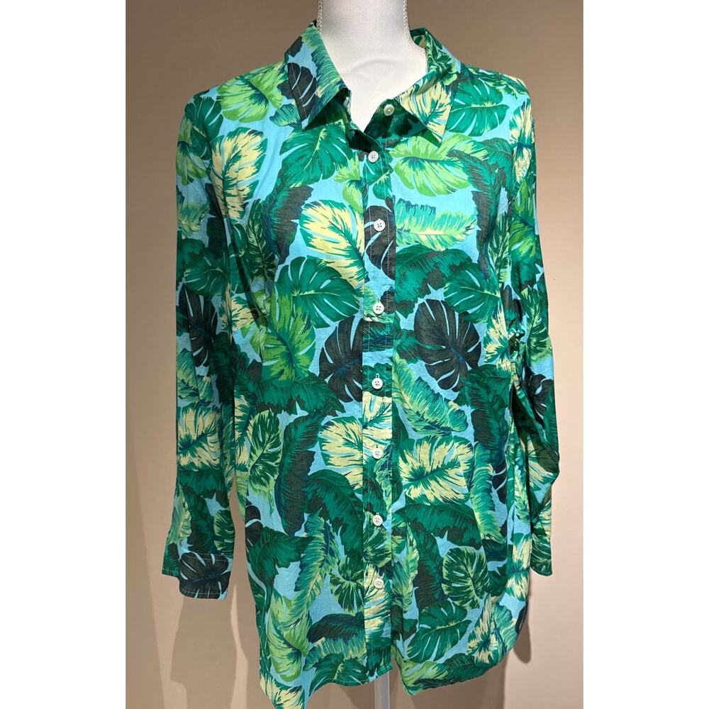 Talbots 100% Cotton Long Sleeve Green Floral Shirt‎ 2X